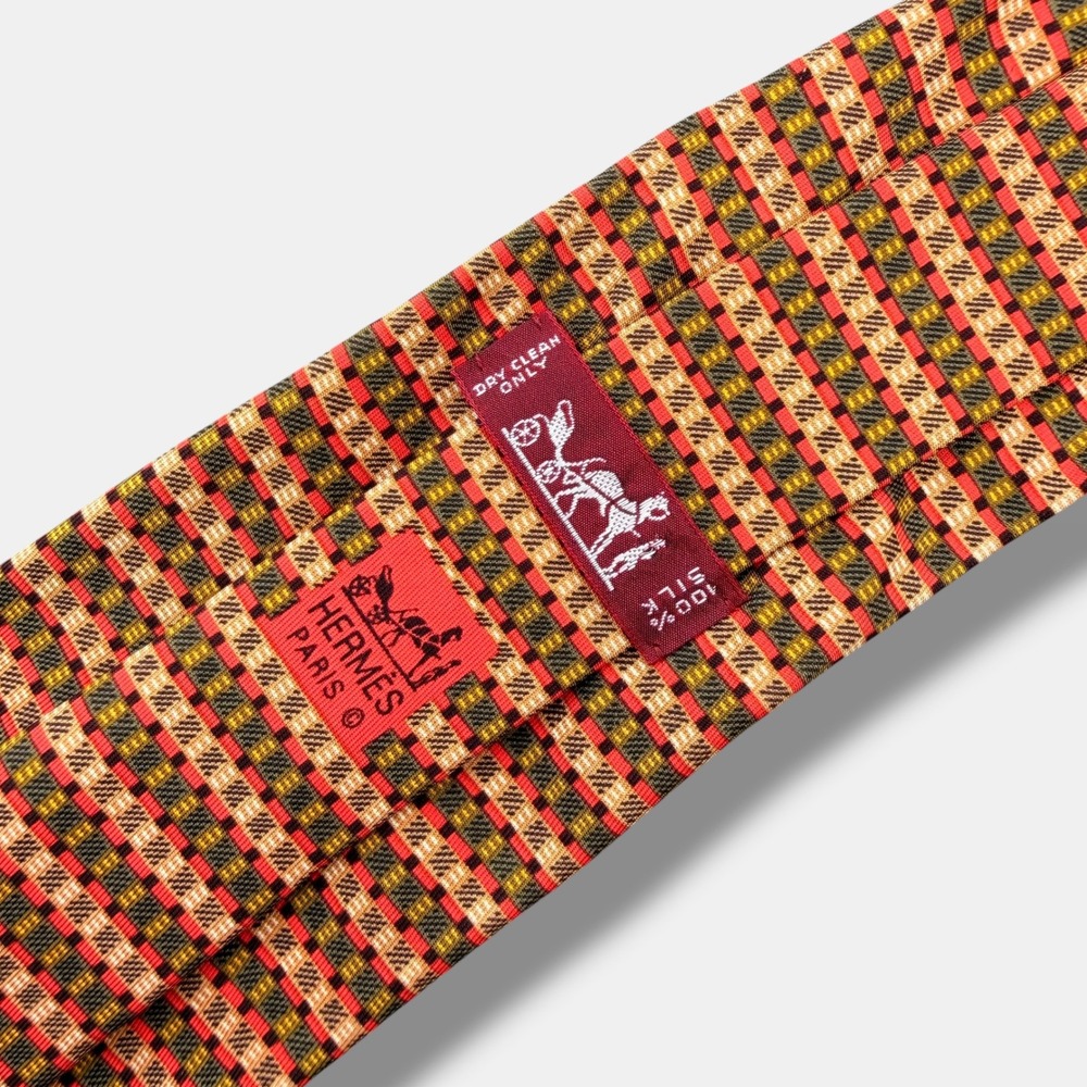 Hermes Silk Tie Mens Red Orange Gold‎ 816 EA Geometric Micro-Check France